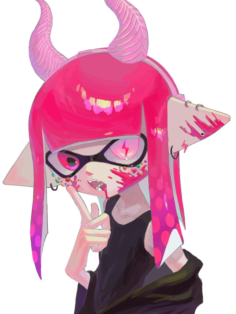 1girl, black_shirt, collarbone, commentary_request, ear_piercing, earrings, fake_horns, horns