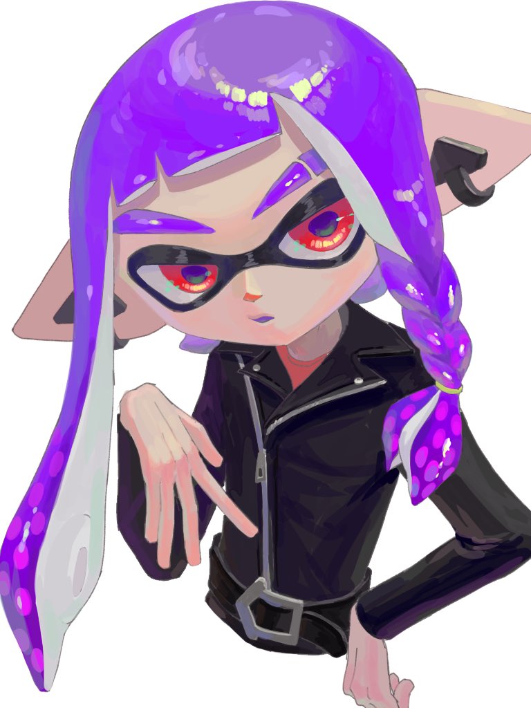 1girl, belt, black_jacket, commentary_request, eyebrow_cut, inkling, inkling_girl, inkling_player_character, jacket, kurutot1, long_hair, nintendo, open_mouth, parted_lips, pointy_ears, purple_hair, red_eyes, simple_background, solo, splatoon_(series), tentacle_hair, upper_body, white_background, zipper, zipper_pull_tab