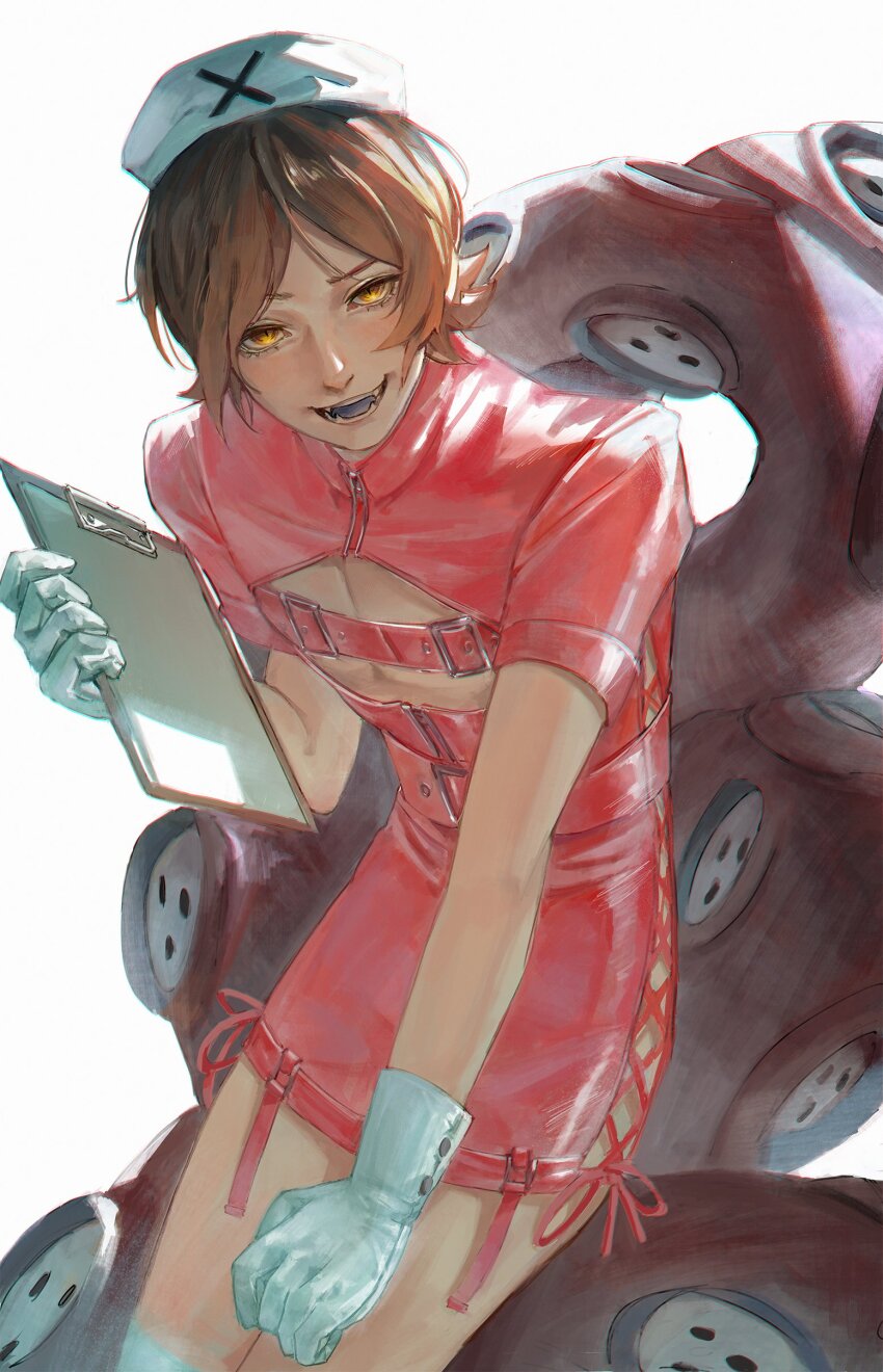 1boy, absurdres, belt, blush, brown_hair, cleavage_cutout, clipboard, clothing_cutout, cross-laced_slit, crossdressing, crossdressing_(mtf), dress, evil_smile, fangs, gloves, hat, highres, holding, holding_clipboard, letsura1_(chocolate_orange), looking_at_viewer, male_focus, nurse, nurse_cap, nyarlathotep_(persona_2), open_mouth, pencil_dress, persona, persona_2, pink_belt, short_dress, short_hair, short_sleeves, side_slit, simple_background, slit_pupils, smile, suou_tatsuya, tentacles, white_background, white_gloves, white_headwear, yellow_eyes