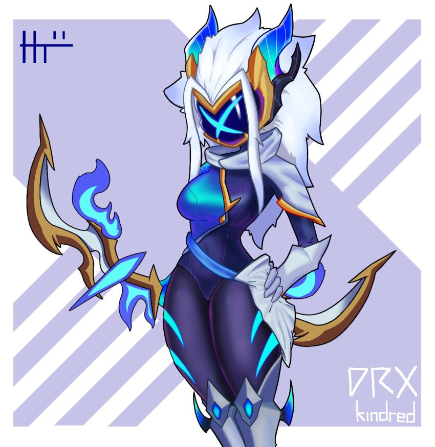 1girl, armored_boots, black_leotard, body_markings, boots, bow_(weapon), breasts, character_name, drx_kindred, gauntlets, hand_on_own_hip, highres, holding, holding_bow_(weapon), holding_weapon, kindred_(league_of_legends), kintto, lamb_(league_of_legends), large_breasts, league_of_legends, leotard, long_hair, mask, short_sleeves, solo, standing, weapon, white_background, white_hair