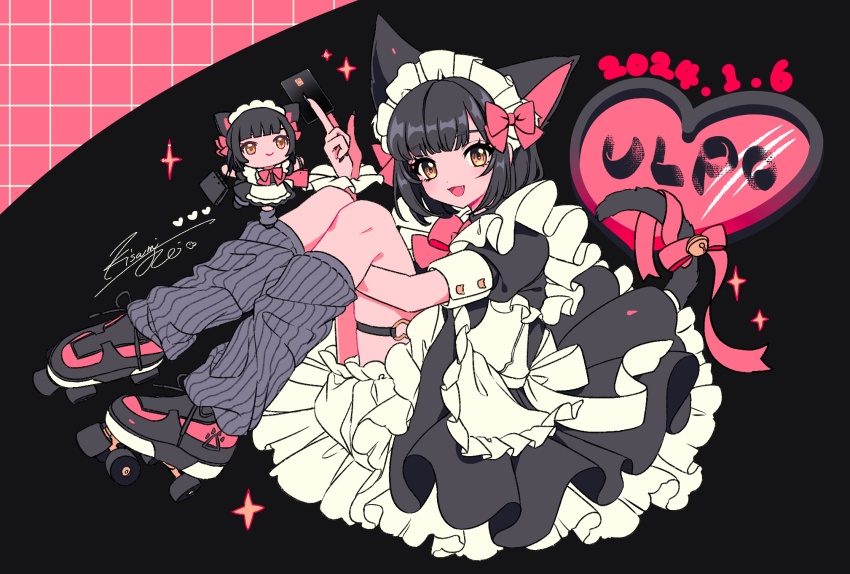 2girls, :d, alternate_costume, animal_ears, apron, bag, between_fingers, black_background