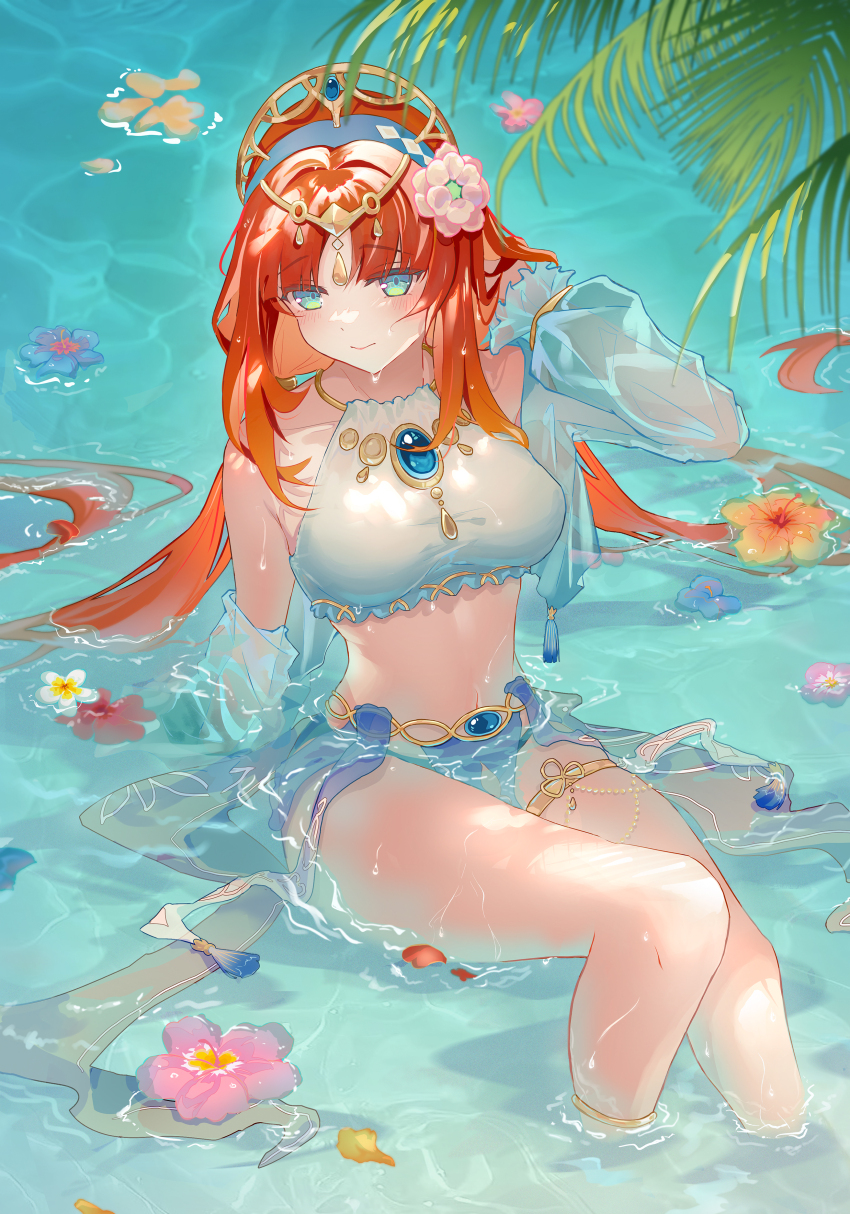 1girl, absurdres, arm_support, belly_chain, bikini, blue_eyes, blue_flower, blue_gem