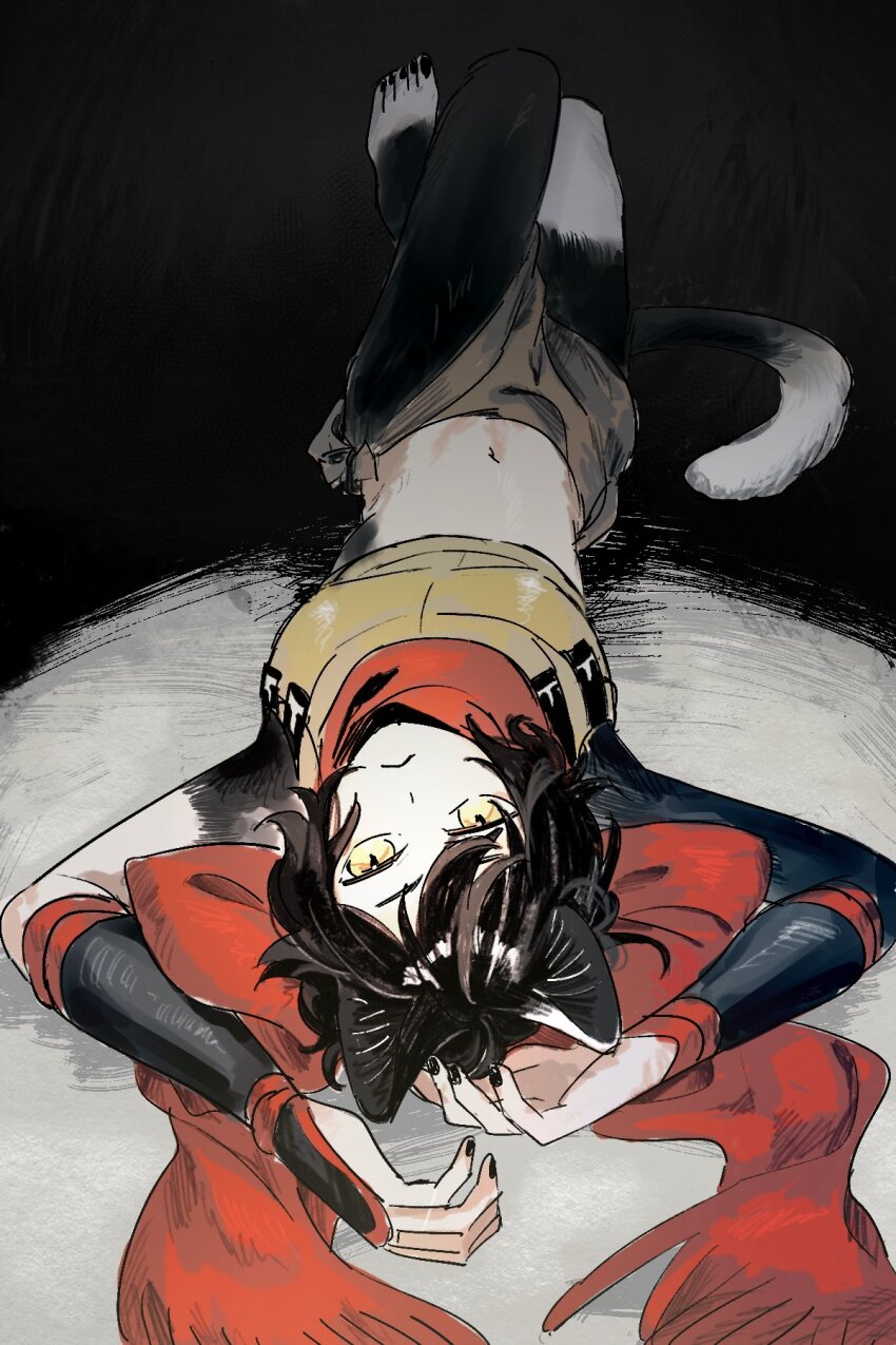 1girl, :<, animal_ears, arm_guards, armor, arms_up, barefoot, between_legs, black_fur, black_hair, black_nails, body_fur, breasts, brown_skirt, cat_ears, cat_girl, cat_tail, closed_mouth, crop_top, dungeon_meshi, foot_up, highres, izutsumi, japanese_armor, knees_up, leather_armor, looking_at_viewer, lying, medium_breasts, midriff, nail_polish, navel, on_back, red_scarf, scarf, short_hair, skirt, sleeveless, solo, tail, toenail_polish, toenails, yellow_eyes, yiwoo2030