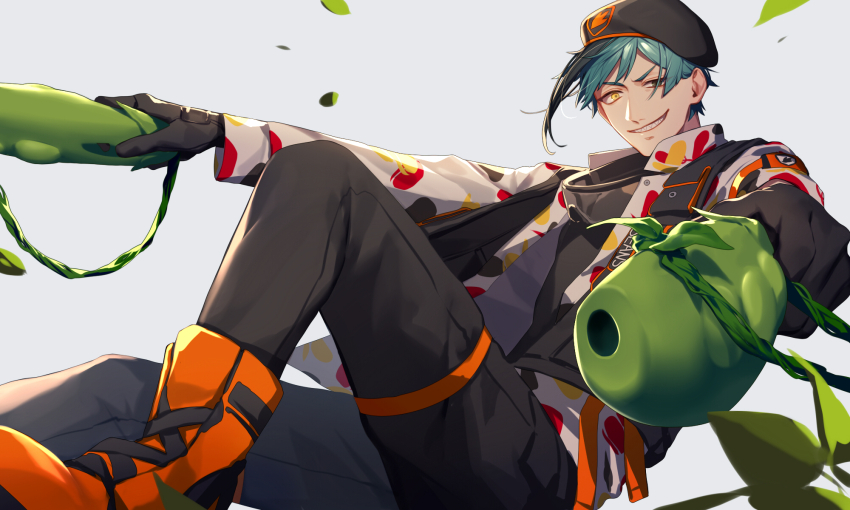 13_(bbr584607091), 1boy, aqua_hair, black_gloves, black_hair, black_pants, black_shirt, boots