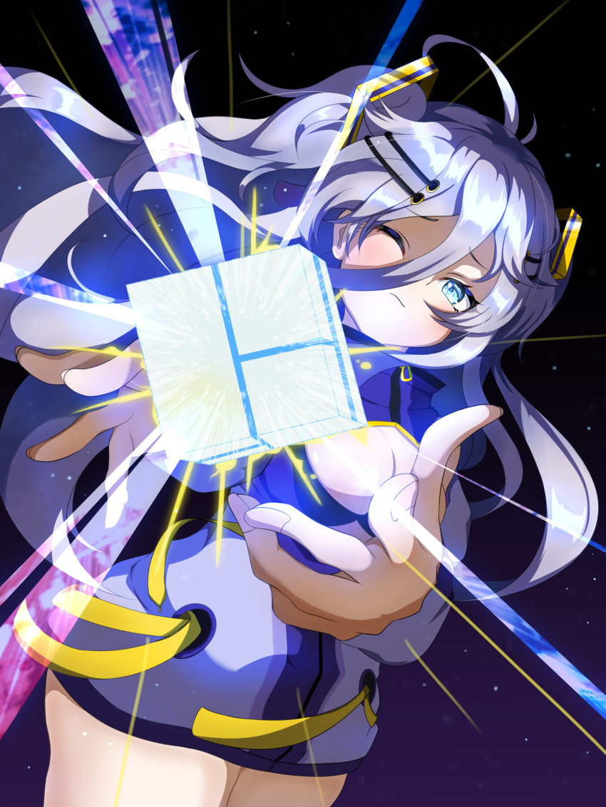 1girl, absurdres, ahoge, black_bra, blue_eyes, bra, breasts, cleavage