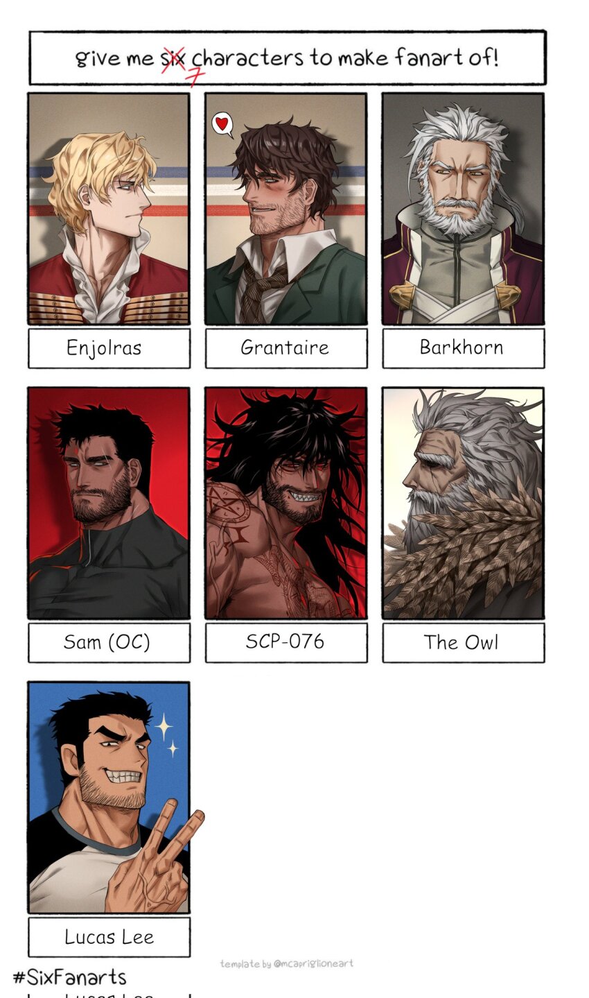 6+boys, bara, beard_stubble, black_hair, character_name, character_request, crossover, dark-skinned_male
