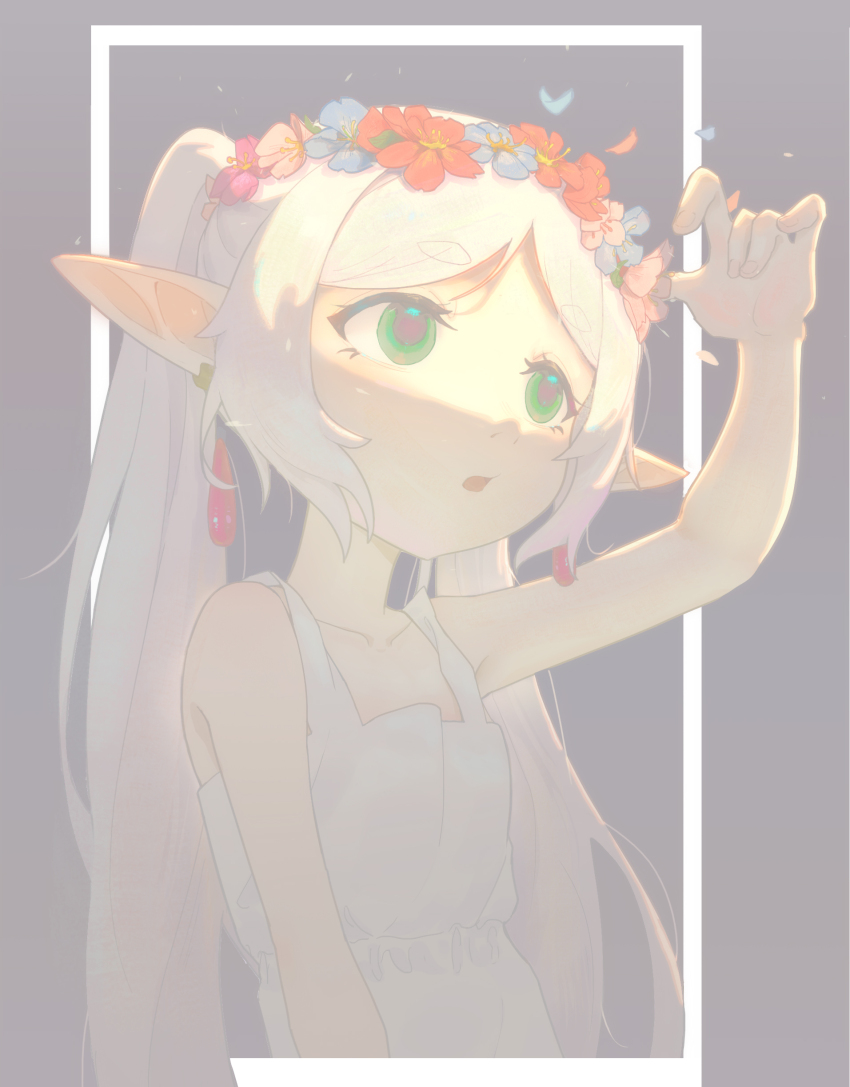 1girl, absurdres, bare_shoulders, border, collarbone, commentary_request, elf, eyelashes