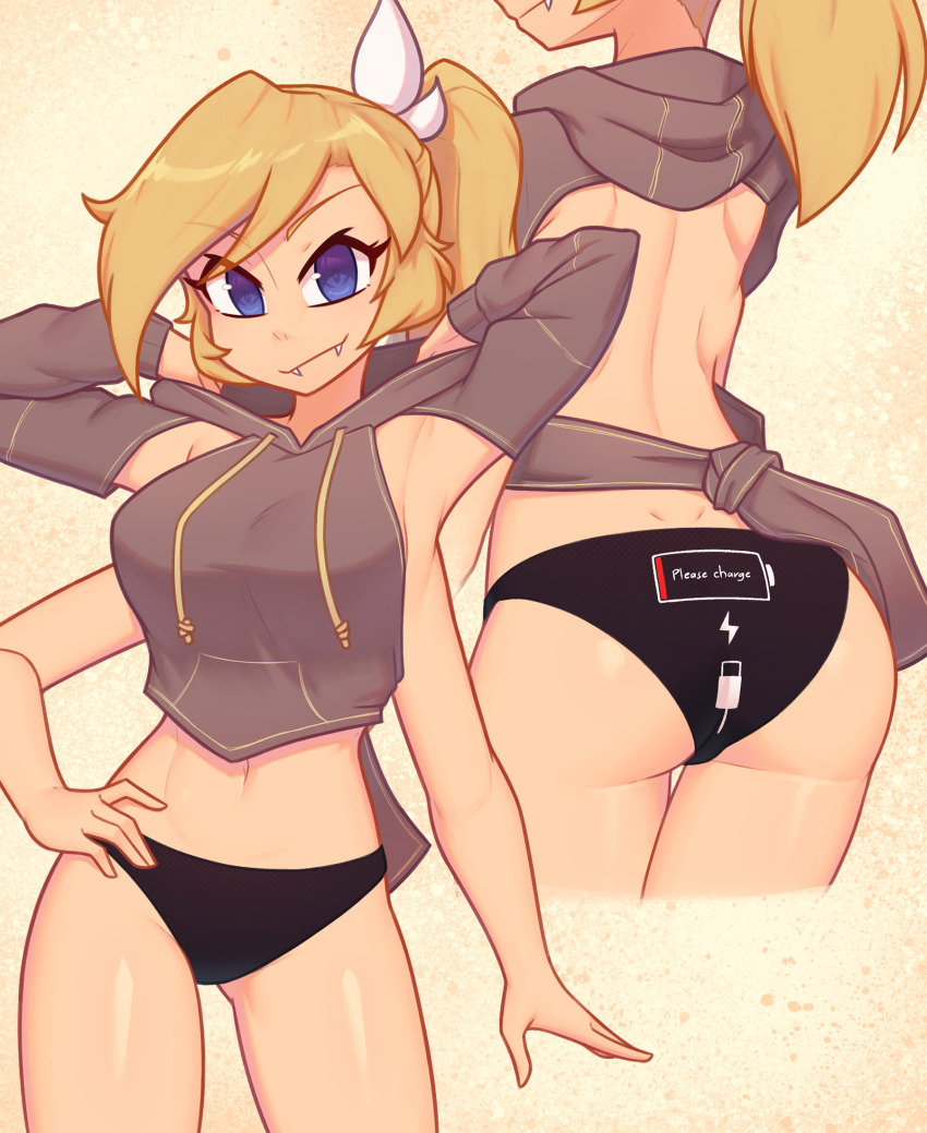 1girl, arms_at_sides, ass, back, battery, blonde_hair, blue_eyes, commentary