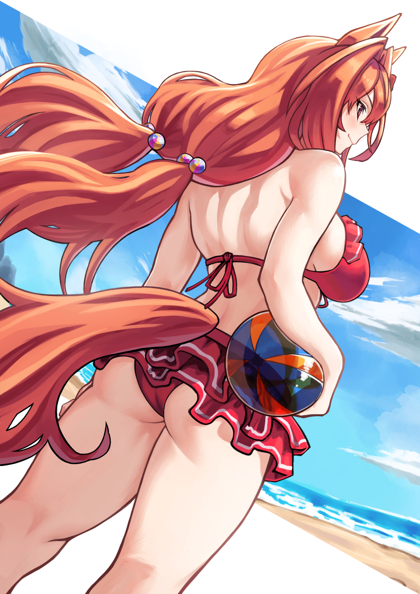 1girl, :o, absurdres, animal_ears, ass, back, bare_arms, bare_shoulders, bikini, bikini_skirt, blue_sky, blush, breasts, brown_hair, commentary_request, cowboy_shot, daiwa_scarlet_(mini_vacation)_(umamusume), daiwa_scarlet_(umamusume), day, from_behind, hair_intakes, highres, horse_ears, horse_girl, horse_tail, large_breasts, layered_skirt, long_hair, looking_at_viewer, looking_back, low_twintails, ocean, official_alternate_costume, outdoors, parted_lips, red_bikini, red_eyes, red_skirt, skirt, sky, solo, swimsuit, tail, twintails, umamusume, utsuke_(u_tuk_e), very_long_hair, water