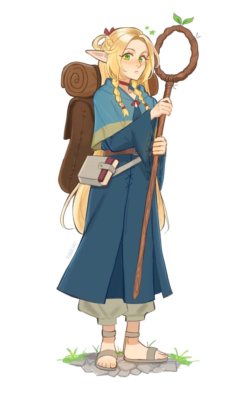 1girl, blonde_hair, braid, capelet, dungeon_meshi, elf, feet, full_body