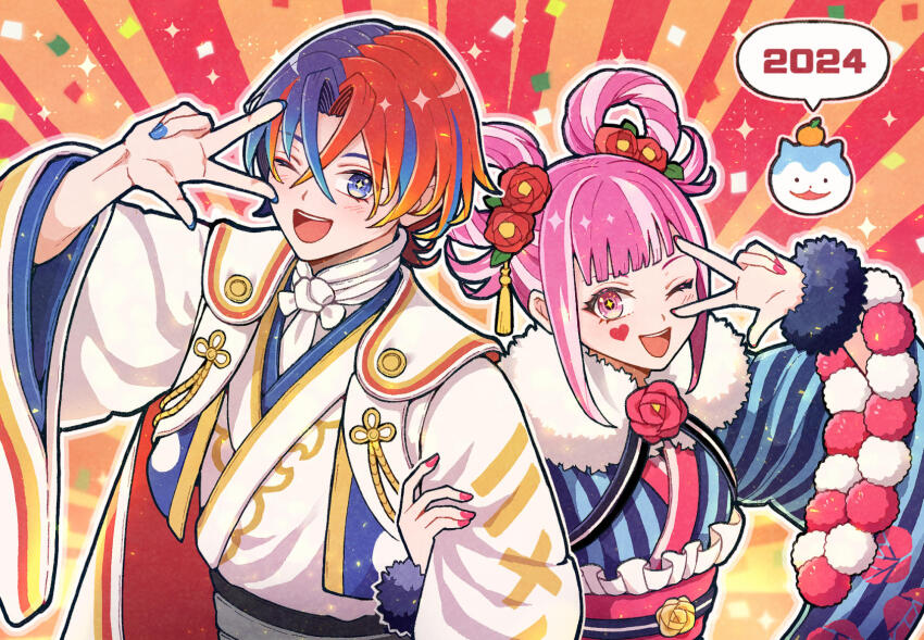 1boy, 1girl, 2024, ;d, male_alear_(fire_emblem), blue_eyes, blue_hair, blue_kimono