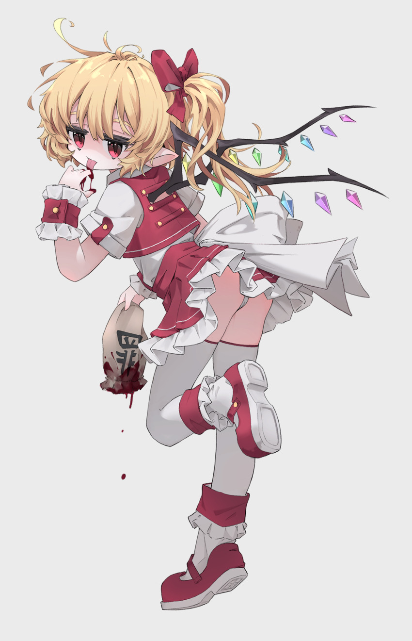 1girl, ass, blonde_hair, blood, blood_on_hands, crystal, dress, flandre_scarlet