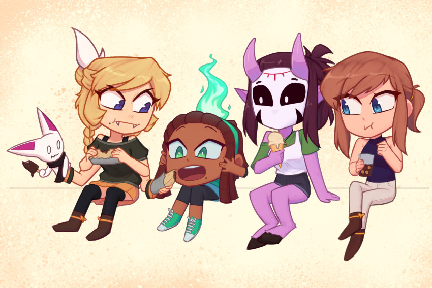 4girls, artist_self-insert, black_eyes, blue_eyes, boots, braid, burrito, dreadlocks