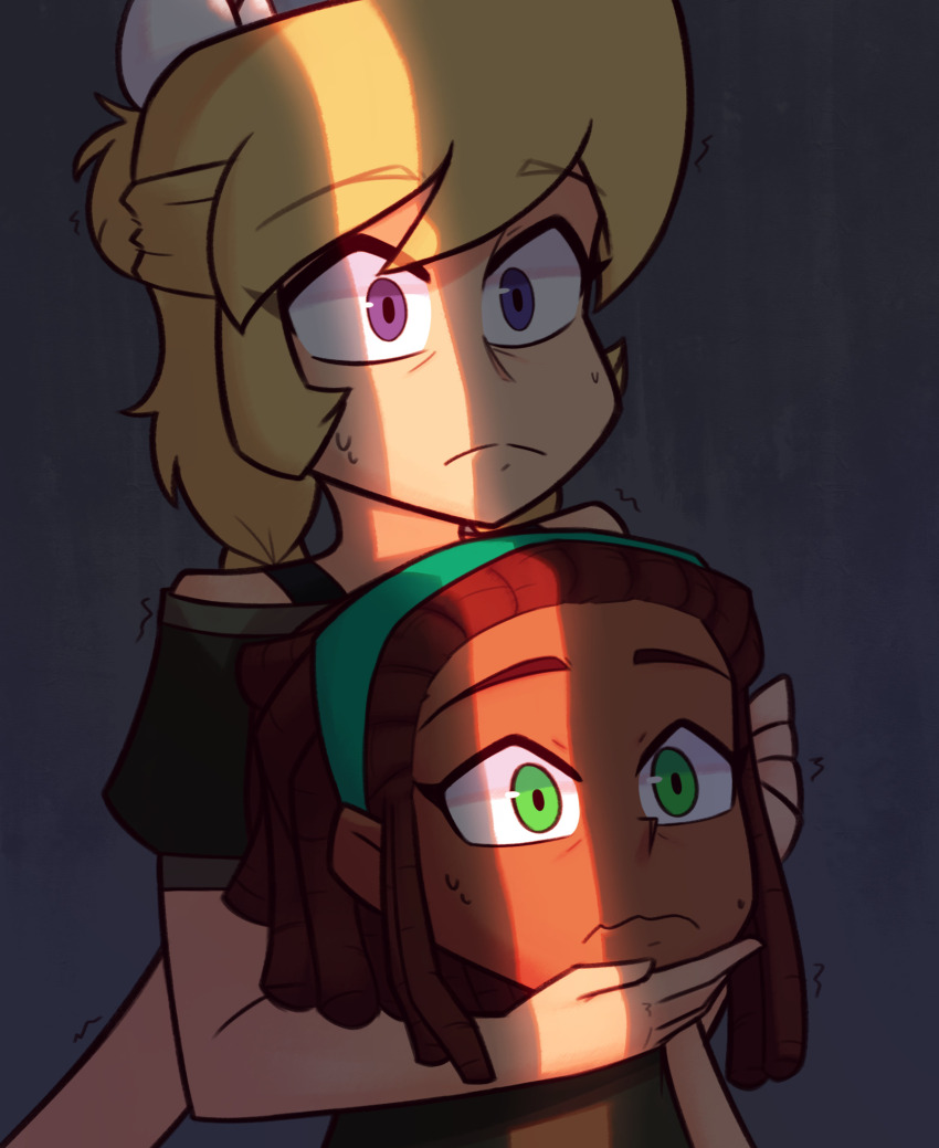 2girls, black_shirt, blue_eyes, bra_strap, dark-skinned_female, dark_skin, dreadlocks, dullahan