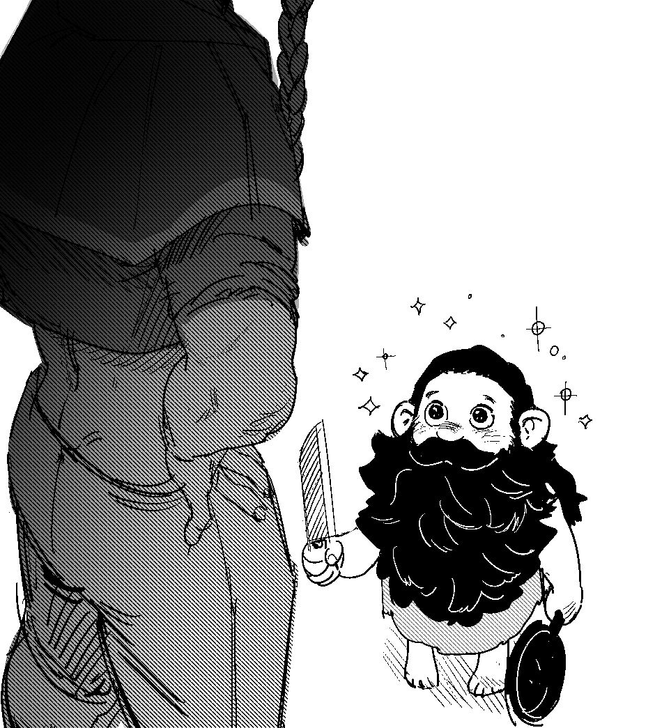 1boy, 1girl, alternate_species, barefoot, beard, braid, capelet, crop_top, dungeon_meshi, facial_hair, from_above, frying_pan, greyscale, halfling, hand_on_own_hip, head_out_of_frame, holding, holding_frying_pan, holding_knife, hood, hood_down, hooded_capelet, kitchen_knife, knife, korean_commentary, long_beard, long_hair, looking_at_another, looking_up, marcille_donato, marcille_donato_(oni), midriff, monochrome, muscular, muscular_female, nutvv3, ogre, oni, pants, senshi_(dungeon_meshi), senshi_(half-foot)_(dungeon_meshi), short_sleeves, size_difference, sleeveless, sparkle, standing, tunic, undersized_clothes