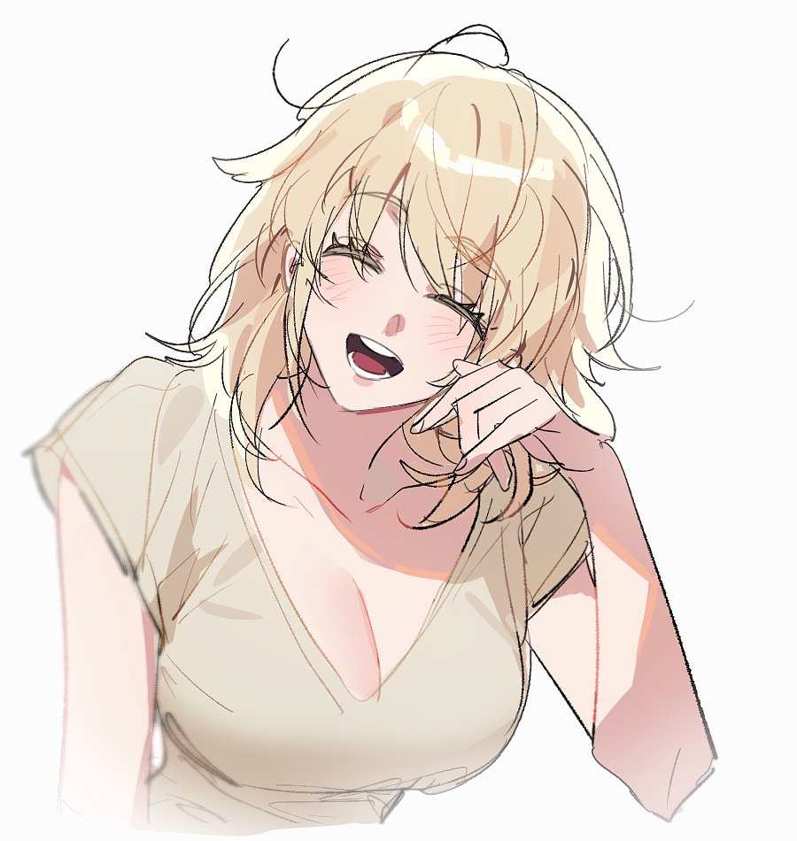 1girl, ^_^, blonde_hair, breasts, closed_eyes, closed_mouth, collarbone, commentary, dungeon_meshi, facing_viewer, falin_touden, falin_touden_(tallman), hand_up, large_breasts, malga_(milky721), messy_hair, open_mouth, shirt, short_hair, short_sleeves, simple_background, solo, t-shirt, upper_body, v-neck, white_background