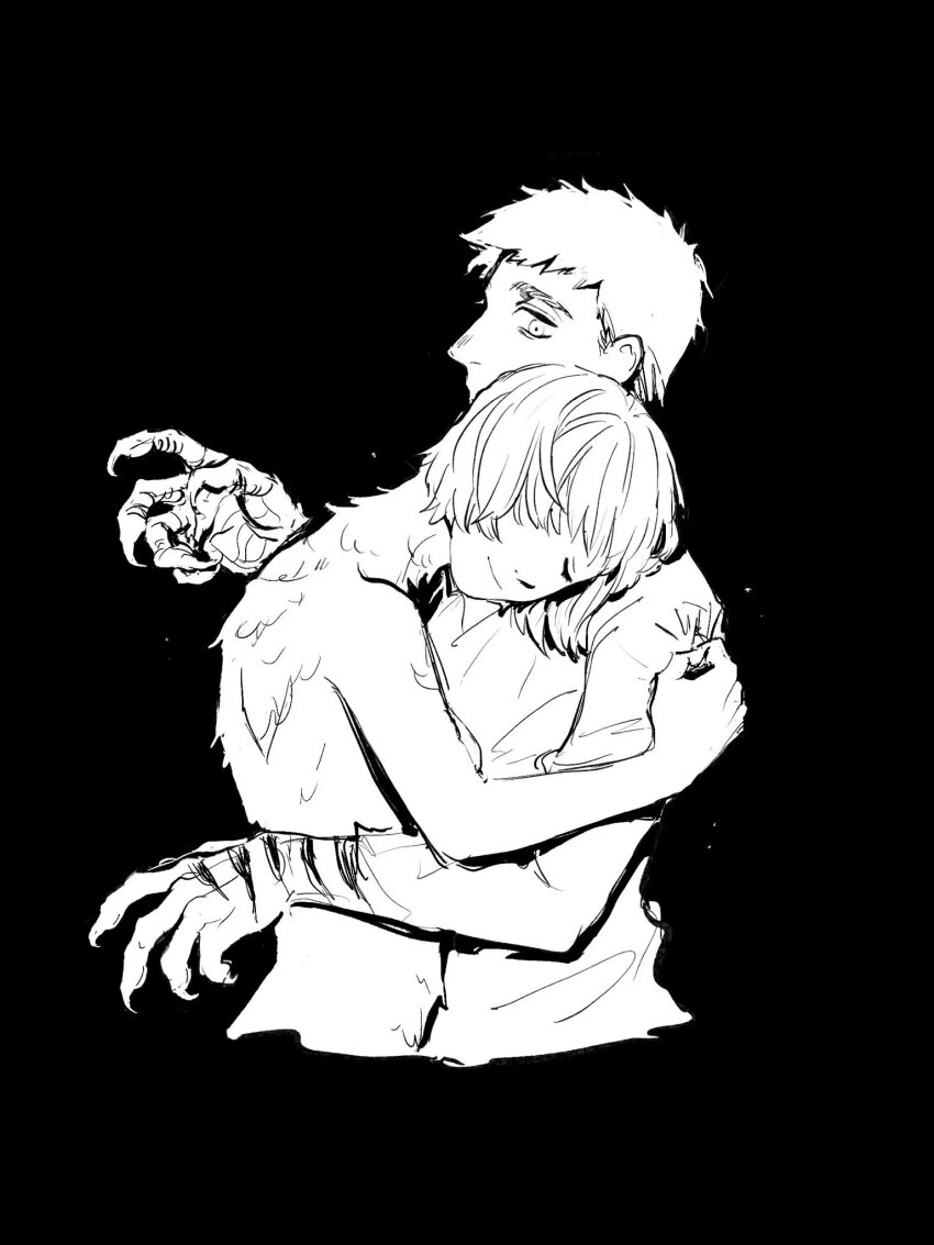 1boy, 1girl, animal_hands, body_fur, brother_and_sister, clothes_grab, cropped_torso, dungeon_meshi, facing_to_the_side, falin_touden, falin_touden_(chimera), from_side, greyscale, hand_up, happy, head_on_another's_shoulder, highres, hug, laios_touden, laios_touden_(chimera), looking_at_another, monochrome, monster_boy, monster_girl, pest_fox, profile, shirt, short_hair, siblings, sketch, smile, spoilers, tiger_stripes