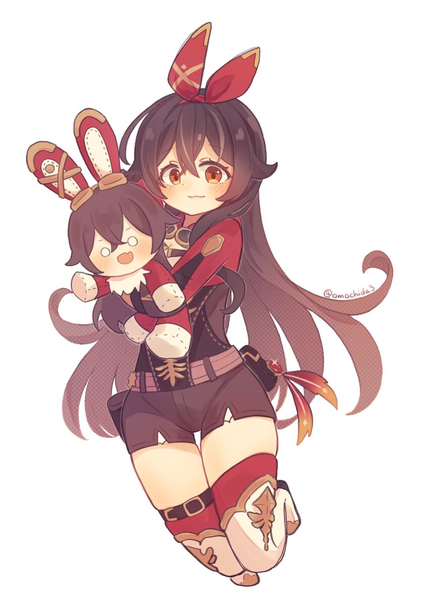 1girl, :3, amber_(genshin_impact), artist_name, baron_bunny_(genshin_impact), blush, breasts, brown_corset