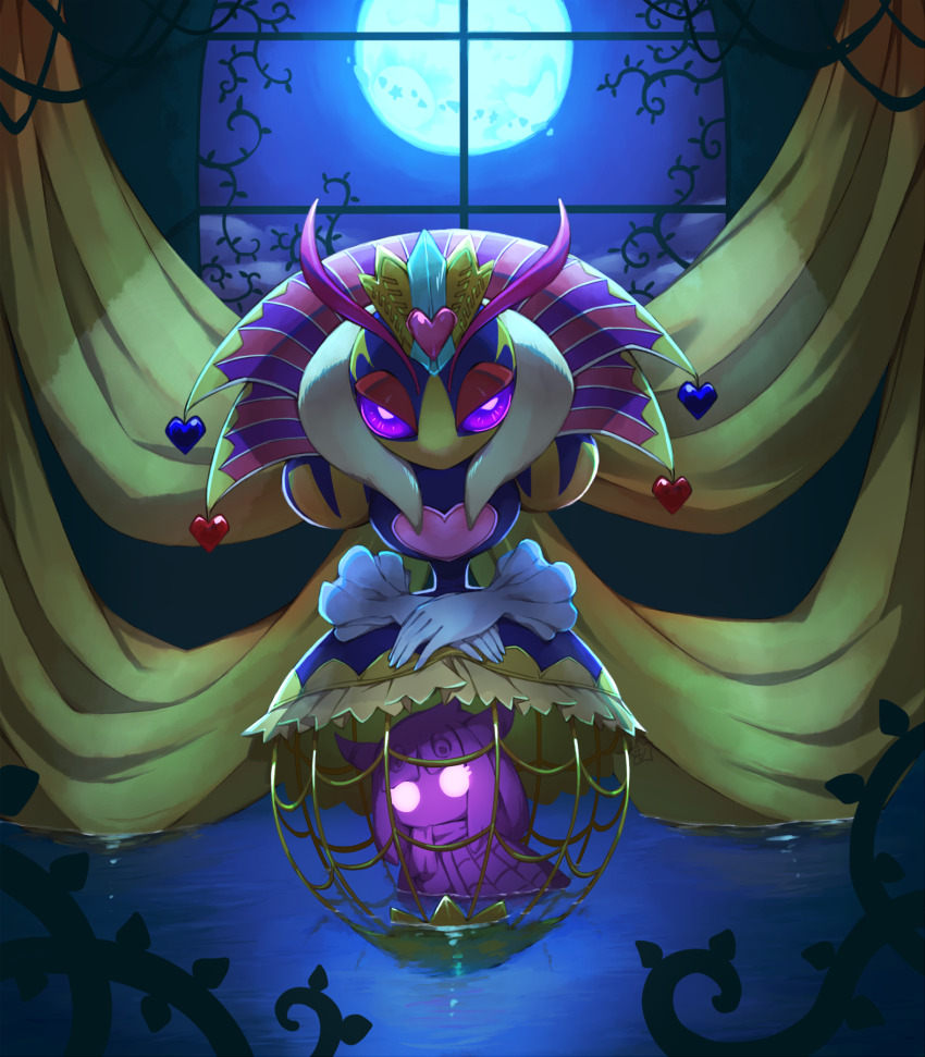 1girl, antennae, cage, curtains, disembodied_hand, dual_persona, heart, highres