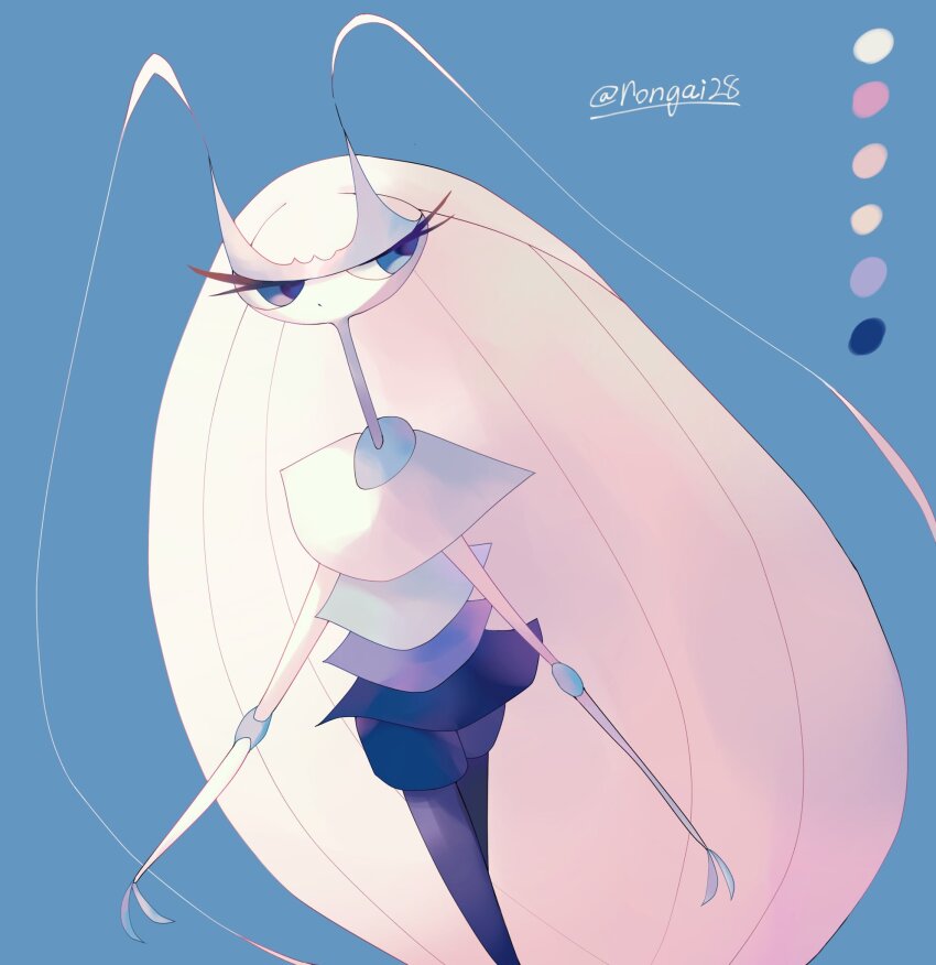 alternate_color, antennae, artist_name, blue_background, blue_eyes, color_guide, colored_skin, commentary_request, eyelashes, gen_7_pokemon, highres, joints, long_hair, nintendo, pheromosa, pokemon, pokemon_(creature), rongai28, shiny_pokemon, simple_background, standing, twitter_username, ultra_beast, very_long_hair, white_hair, white_skin