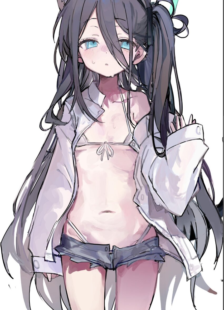 1girl, absurdly_long_hair, aris_(blue_archive), black_hair, black_shorts, blue_archive, blue_eyes, blush