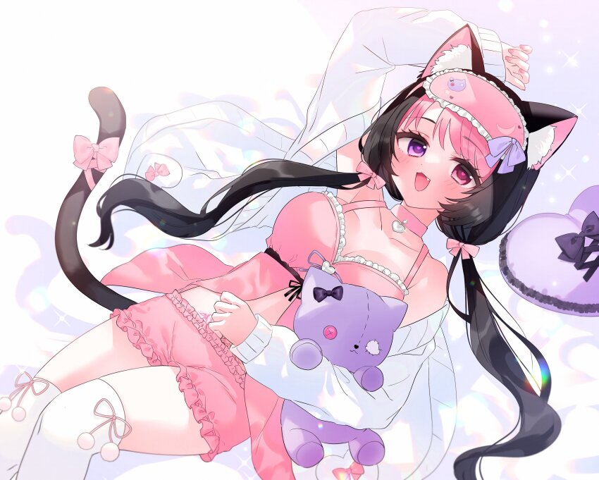 1girl, absurdres, animal_ear_fluff, animal_ears, arm_up, babydoll, black_hair, bow
