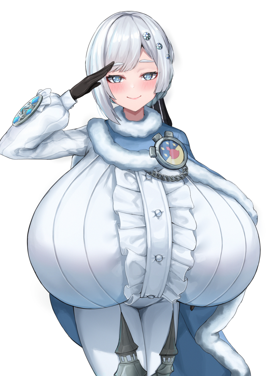 1girl, absurdres, akershus_fortress_(oshiro_project), badge, black_gloves, blue_cape, blue_cloak, blue_eyes