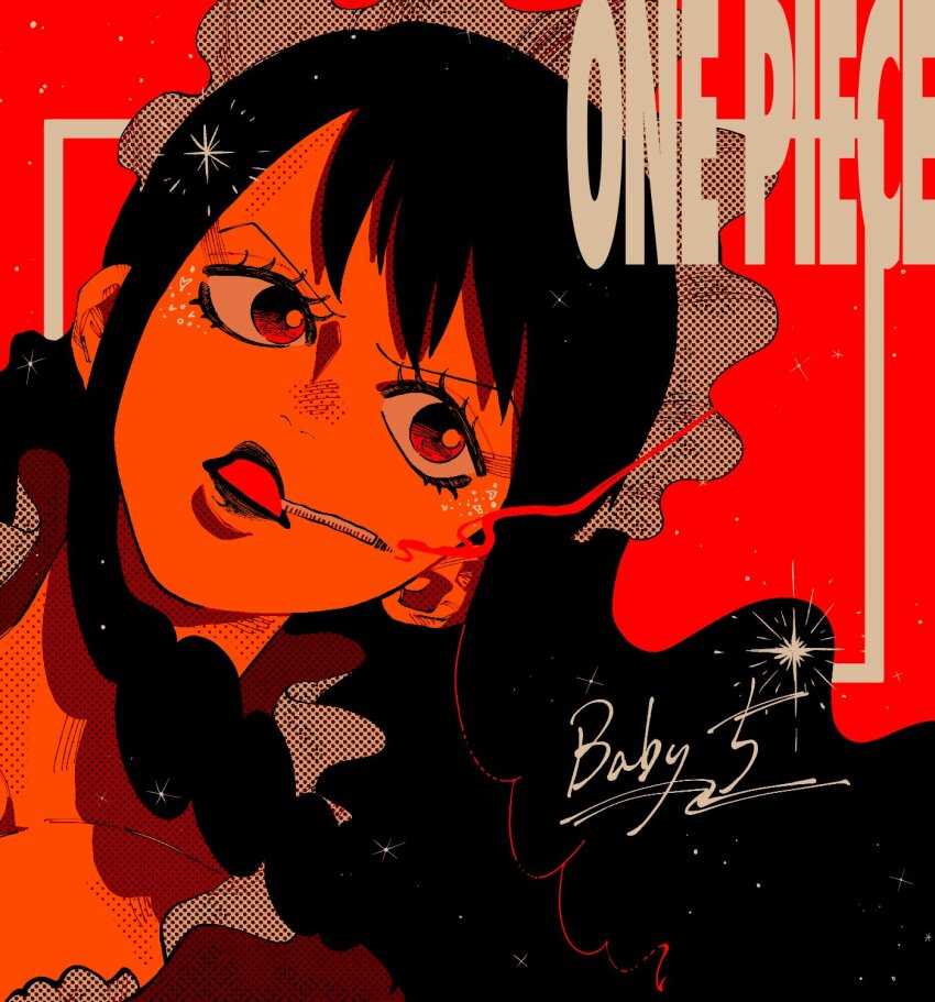 1girl, baby_5, black_hair, character_name, cigarette, commentary_request, hair_ornament, headdress