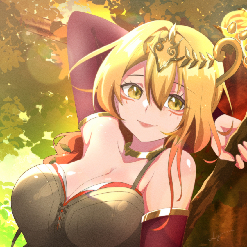 1girl, bare_shoulders, blonde_hair, breasts, cleavage, commentary_request, duel_monster, elbow_gloves