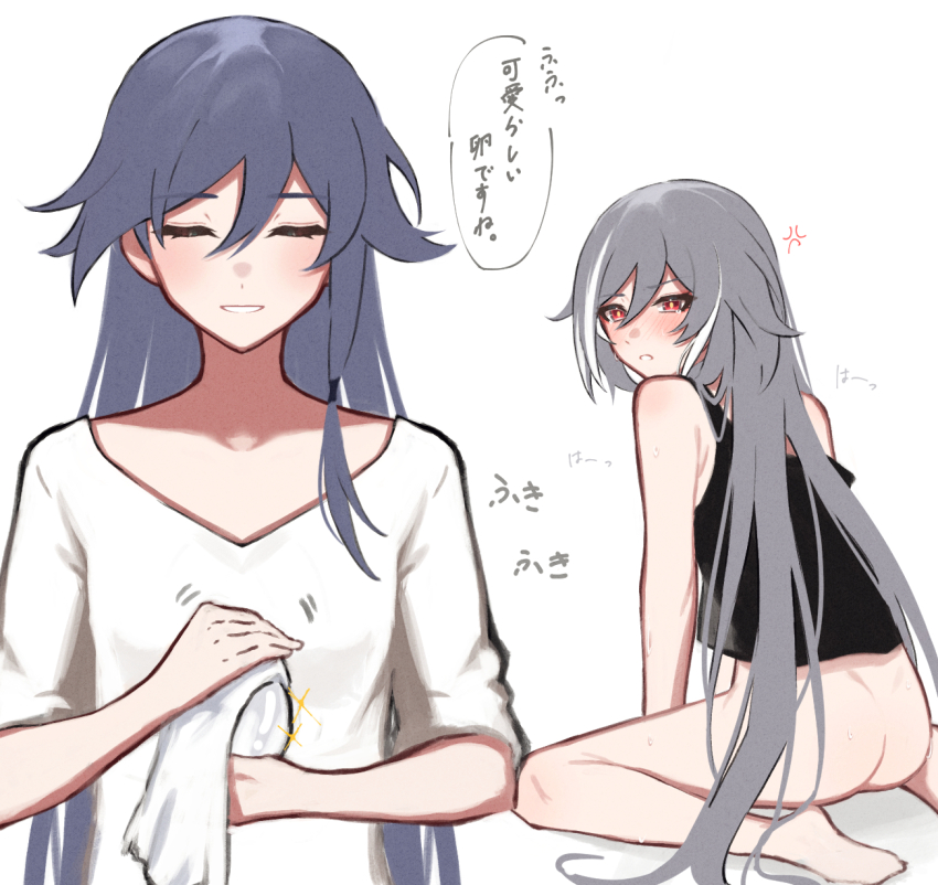 2girls, alternate_costume, back, barefoot, black_shirt, blue_hair, bottomless, closed_eyes