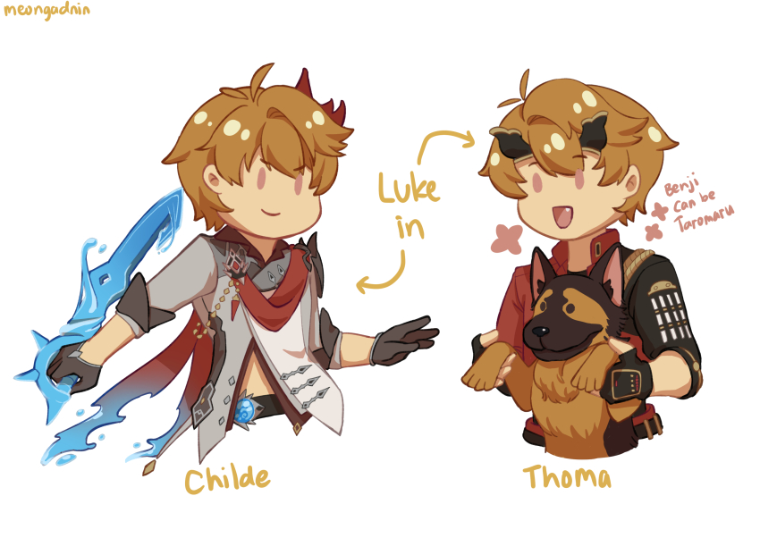 1boy, :d, animal, arrow_(symbol), artist_name, black_gloves, black_jacket, brown_hair