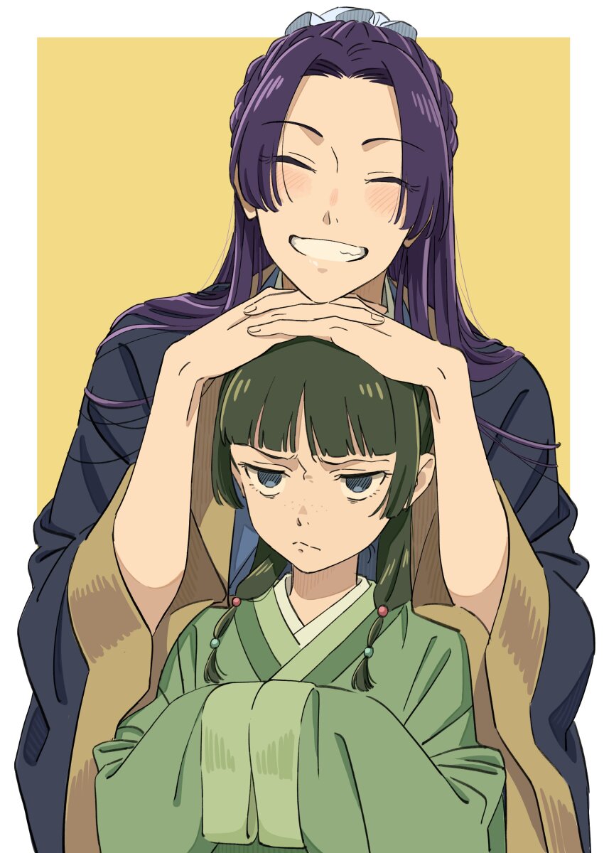 1boy, 1girl, :<, ^_^, absurdres, beads, blue_eyes, blunt_bangs, blush, border, bun_cover, chinese_clothes, clenched_teeth, closed_eyes, dangomochi2, freckles, frown, green_hair, grin, hair_beads, hair_bun, hair_ornament, hands_on_another's_head, hands_up, highres, interlocked_fingers, jinshi_(kusuriya_no_hitorigoto), jitome, kusuriya_no_hitorigoto, long_sleeves, looking_at_viewer, maomao_(kusuriya_no_hitorigoto), own_hands_together, purple_eyes, purple_hair, single_hair_bun, smile, teeth, upper_body, white_border, wide_sleeves, yellow_background