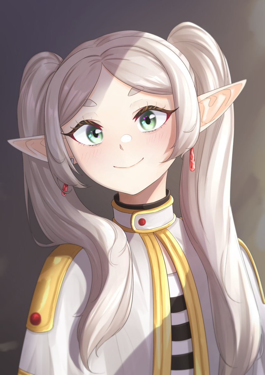 1girl, absurdres, atpoppet, blush, capelet, commentary, earrings, elf