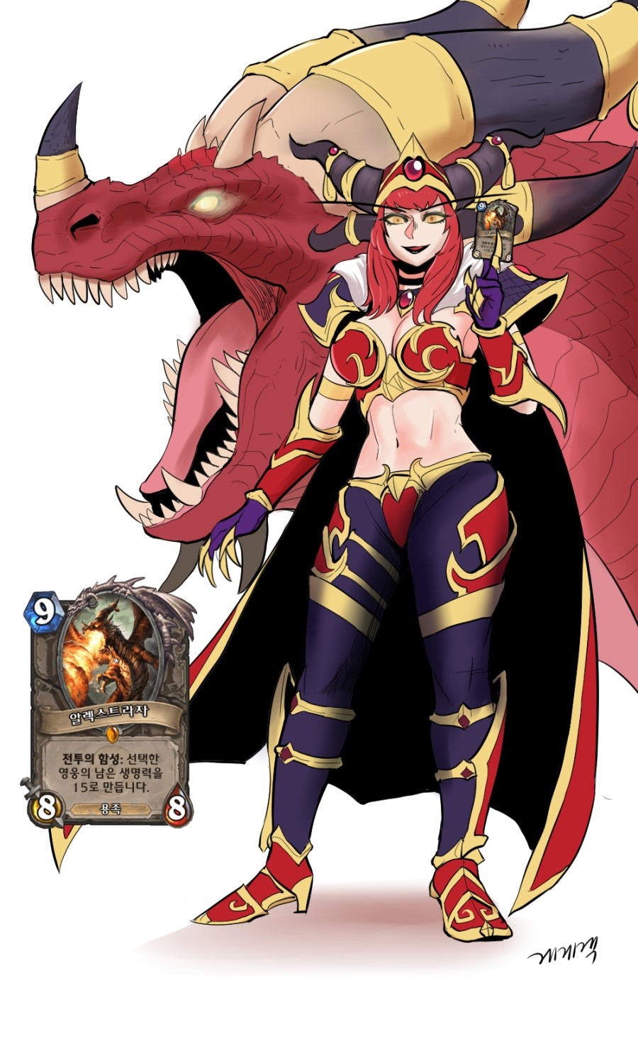 1girl, alexstrasza, armlet, armor, black_lips, brooch, cape, card, crown, dragon, dragon_horns, full_body, fur-trimmed_cape, fur_trim, gegegekman, glowing, glowing_eyes, greaves, hand_up, hearthstone, highres, holding, holding_card, horn_ornament, horns, jewelry, long_eyebrows, midriff, multiple_forms, navel, nostrils, open_mouth, orange_eyes, pants, photo_inset, red_hair, red_scales, scales, sharp_teeth, shoulder_armor, signature, stomach, strapless, teeth, trading_card, vambraces, warcraft, western_dragon, white_background, world_of_warcraft