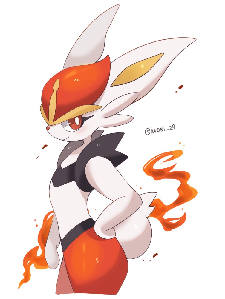artist_name, bright_pupils, cinderace, closed_mouth, commentary_request, fire, gen_8_pokemon, hand_on_own_hip, iwasi_29, nintendo, pokemon, pokemon_(creature), rabbit, red_eyes, simple_background, smile, twitter_username, white_background, white_fur