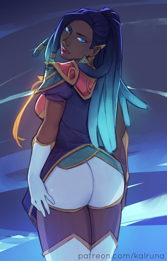 1girl, ass, blue_eyes, blue_hair, dark-skinned_female, dark_skin, dreadlocks, gloves, jewelry, kalruna, league_of_legends, senna_(league_of_legends), star_guardian_senna, white_gloves, wide_hips