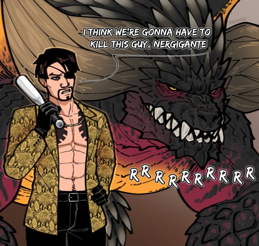 1boy, baseball_bat, black_gloves, black_pants, brahkest, cowboy_shot, english_text, facial_hair, gloves, goatee, holding, holding_baseball_bat, i_think_we're_gonna_have_to_kill_this_guy_steven_(meme), jacket, majima_goro, male_focus, meme, metal_baseball_bat, monster, monster_hunter_(series), muscular, muscular_male, nergigante, open_clothes, open_jacket, over_shoulder, pants, ryuu_ga_gotoku_(series), short_hair, tattoo, weapon, weapon_over_shoulder