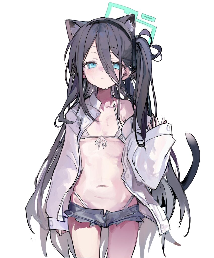 1girl, absurdly_long_hair, aris_(blue_archive), black_hair, black_shorts, blue_archive, blue_eyes, blush, collarbone, collared_shirt, cowboy_shot, female_focus, flat_chest, highres, loli, long_hair, long_sleeves, looking_at_viewer, navel, one_side_up, open_clothes, open_shirt, parted_lips, qqkkay, shirt, short_shorts, shorts, solo, standing, very_long_hair, white_shirt