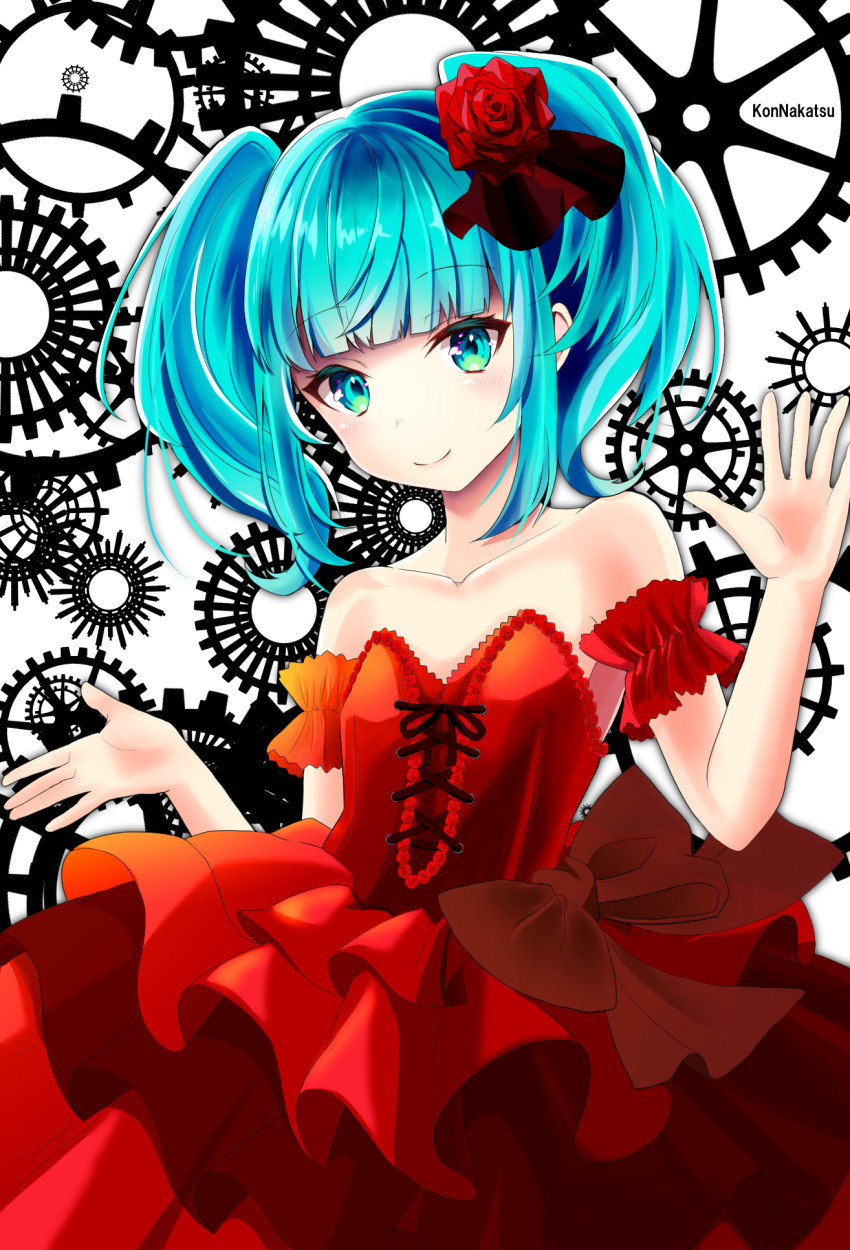 1girl, blue_eyes, blue_hair, blunt_bangs, bow, breasts, detached_sleeves, dress