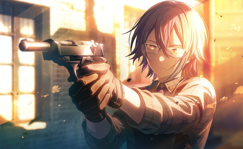 1boy, bespectacled, brick_wall, brown_gloves, building, closed_mouth, collared_shirt, colorful_palette, double-parted_bangs, finger_on_trigger, glasses, gloves, grey_shirt, gun, hair_between_eyes, handgun, highres, holding, holding_gun, holding_weapon, holster, kamishiro_rui, let's_study_hard!_(project_sekai), long_bangs, long_sleeves, looking_ahead, male_focus, multicolored_hair, necktie, official_art, outdoors, plaid_clothes, plaid_shirt, project_sekai, purple_necktie, rectangular_eyewear, semi-rimless_eyewear, serious, shirt, short_hair, shoulder_holster, solo, streaked_hair, sunlight, two-handed, two-handed_handgun_grip, under-rim_eyewear, upper_body, walther, walther_p38, weapon, window