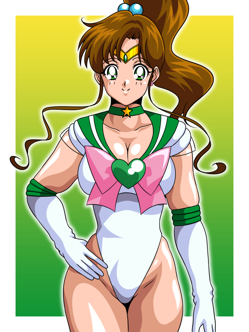 1girl, bishoujo_senshi_sailor_moon, breasts, brown_hair, cleavage, earrings, gloves, green_eyes