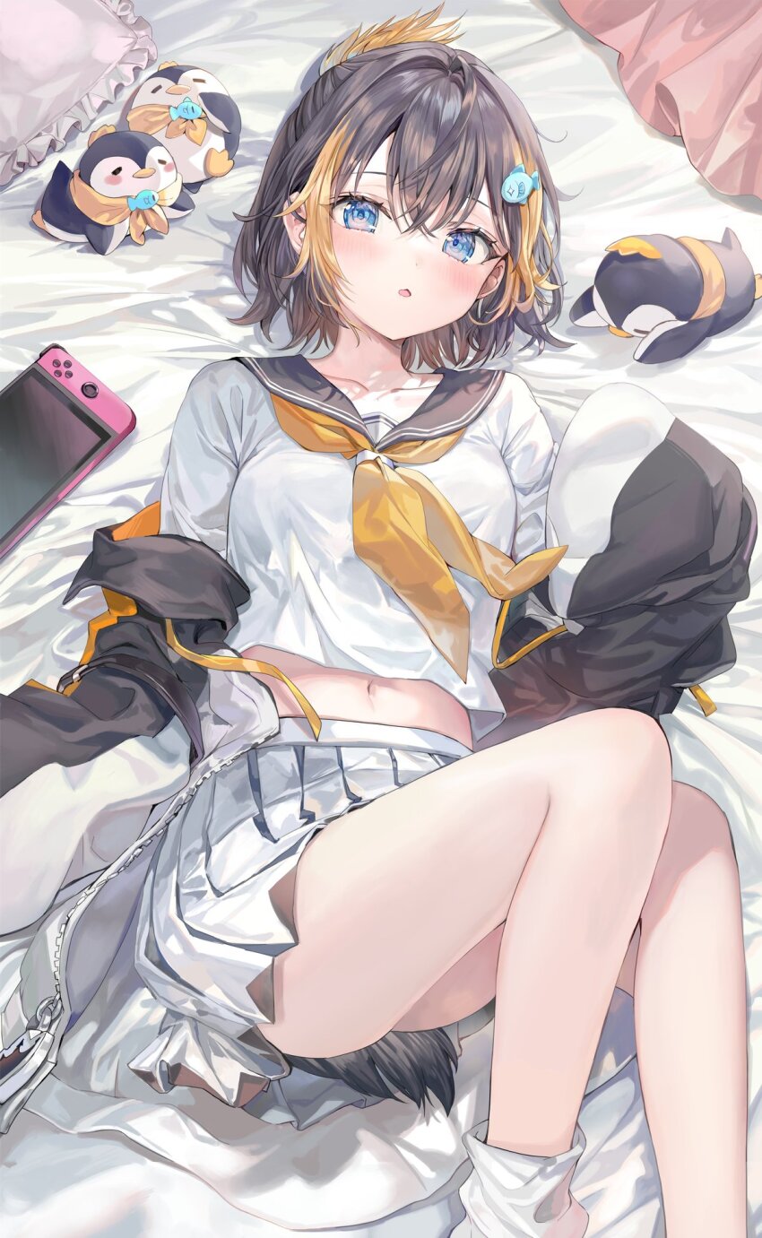 1girl, black_hair, black_sailor_collar, blue_eyes, blush, chestnut_mouth, commentary, crossed_bangs