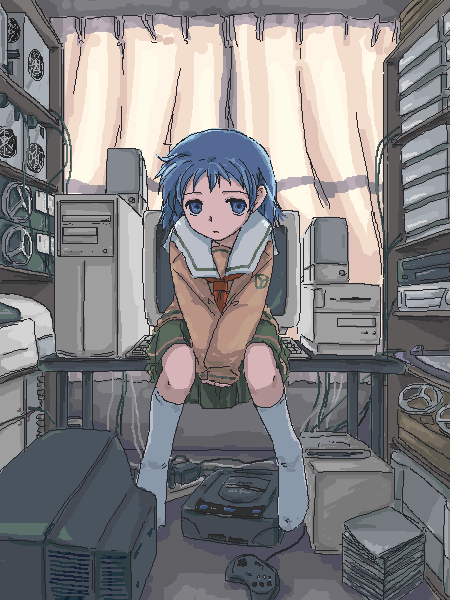 1girl, blue_eyes, blue_hair, cable, computer, computer_keyboard, crt, expressionless, feet, female_focus, geekgirl, indoors, kneehighs, looking_at_viewer, matching_hair/eyes, oekaki, otaku_room, parted_lips, school_uniform, serafuku, shizuku_(game), short_hair, sitting, skirt, socks, solo, toshibo_(chitose_ryouta), tsukishima_ruriko, white_socks, yellow_serafuku