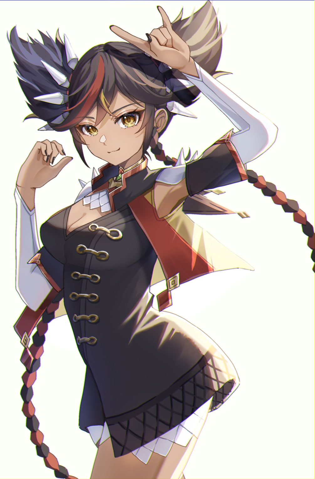 1girl, :3, armpit_cutout, armpits, black_hair, braid, breasts, chinese_clothes, cleavage, cleavage_cutout, clothing_cutout, dark-skinned_female, dark_skin, genshin_impact, hairband, hands_up, highres, kanan_ria, long_hair, long_sleeves, looking_at_viewer, m/, medium_breasts, multicolored_hair, nail_polish, red_hair, shoulder_spikes, smile, solo, spiked_hairband, spikes, streaked_hair, tan, twin_braids, twintails, very_long_hair, xinyan_(genshin_impact), yellow_eyes