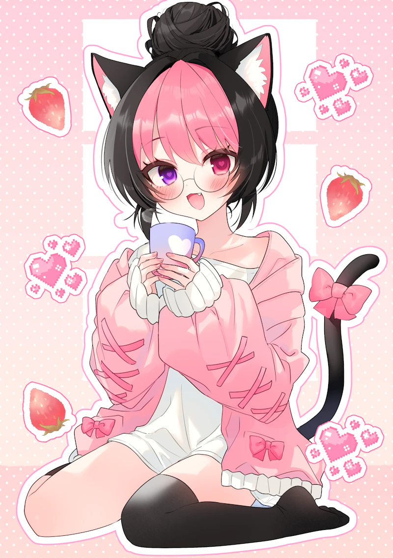 1girl, animal_ear_fluff, animal_ears, asymmetrical_legwear, black_hair, black_tail, black_thighhighs, blush