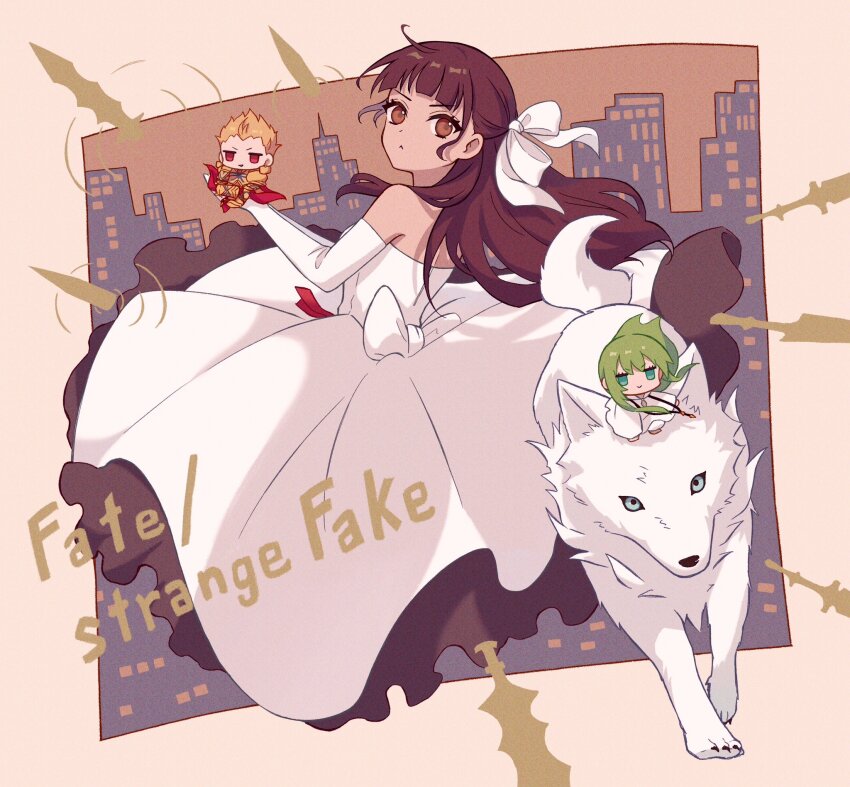 1boy, 1girl, 1other, :<, animal, back_bow, biitu, blonde_hair