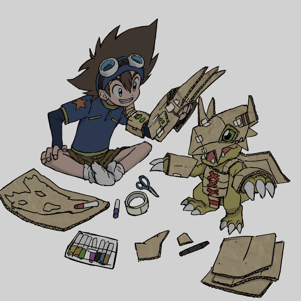 :d, agumon, blue_shirt, brown_hair, carton, claws, cosplay, digimon