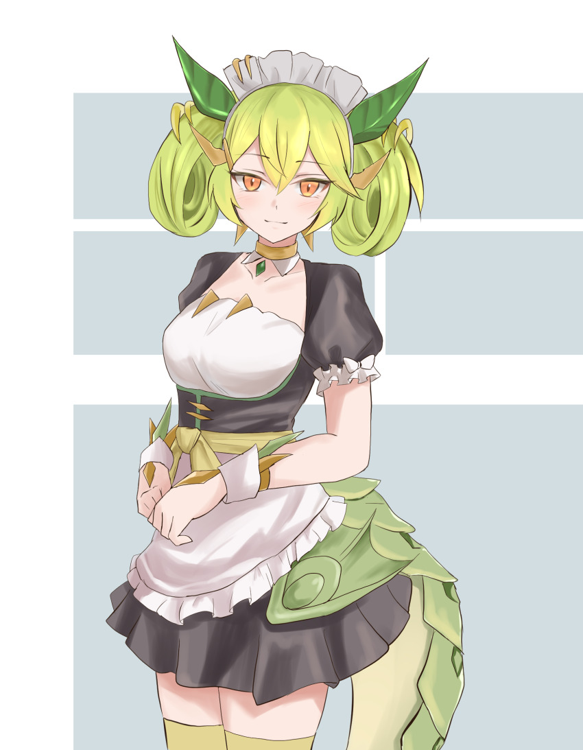 1girl, apron, breasts, dragon_girl, dragon_horns, dragon_tail, dress, duel_monster