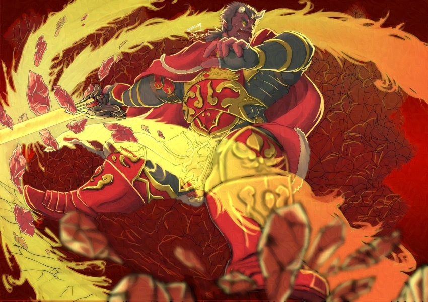 1boy, armor, armored_boots, bara, boots, breastplate, broken_horn, colored_sclera