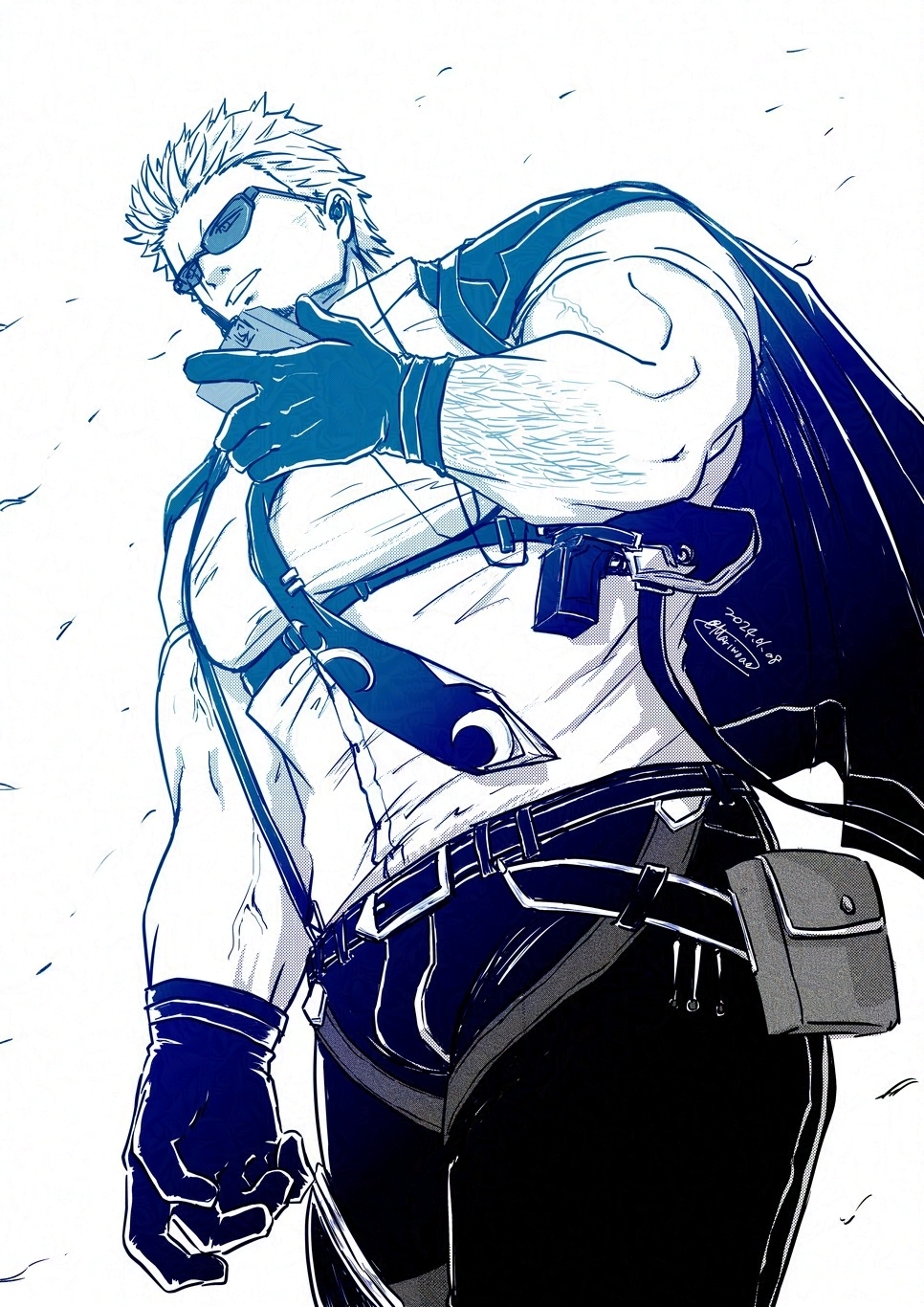 1boy, bara, biceps, check_copyright, copyright_request, framed_crotch, framed_pectorals, from_below